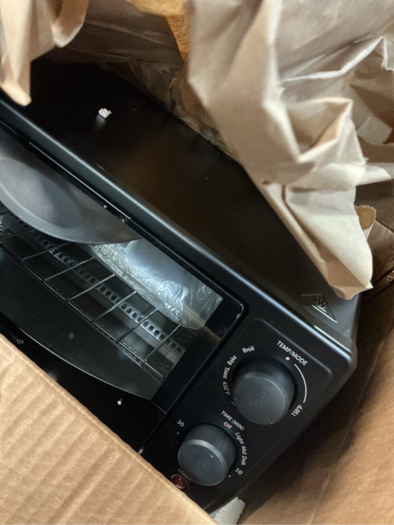Condition photo showing Good Condition for comfee' toaster oven countertop, small toaster ovens combo 4 slice, mini oven for 9" pizza, compact oven 2 racks for toast, bake, broil, 950w, black, cto-e101a(bk) 4 slice black