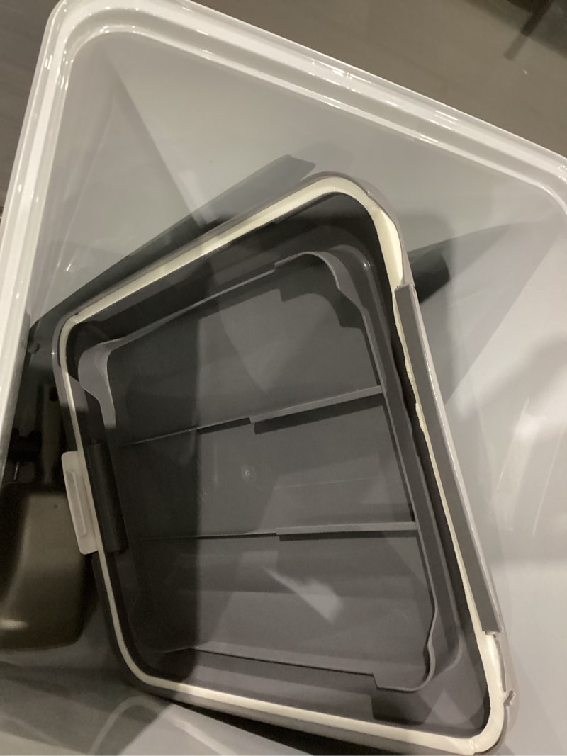 Condition photo showing As Is for iris usa dog food storage container 54 lbs, 2-pack with wheels, airtight lid, 2-cup scoop, double pet food storage, built in scoop storage in lid, versatile pet food bin, portable, gray/dark gray 54 lbs - 2 pack gray/dark gray