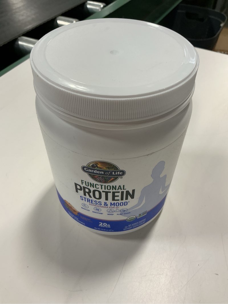 Condition photo showing New/Like New for Best by:01/2026) Garden of Life - Functional Protein Stress Relief - 20g Organic Sprouted & Fermented Protein Blend - Blueberry Muffin, Mood Blend for Stress Management, Ashwagandha KSM-66, Vegan - About 14 Servings