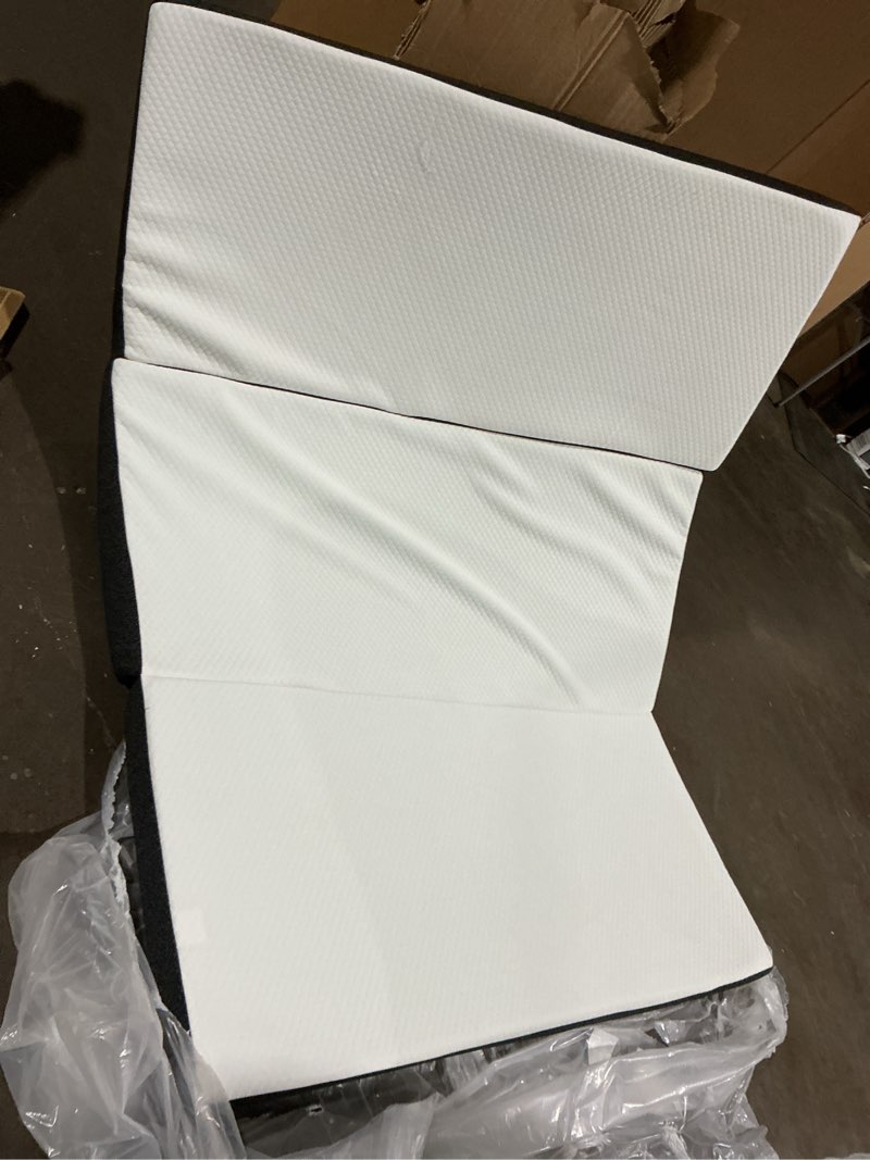 Condition photo showing As Is for (UNKNOWN MEASUREMENT) HUEIFY Tri Fold Memory Foam Foldable Mattress   Folding Mattress for Guest Sleep. Portable Trifold Mat with Removable Washable Cover, Floor Sleeping Mat for Adult  and kids Tri-fold