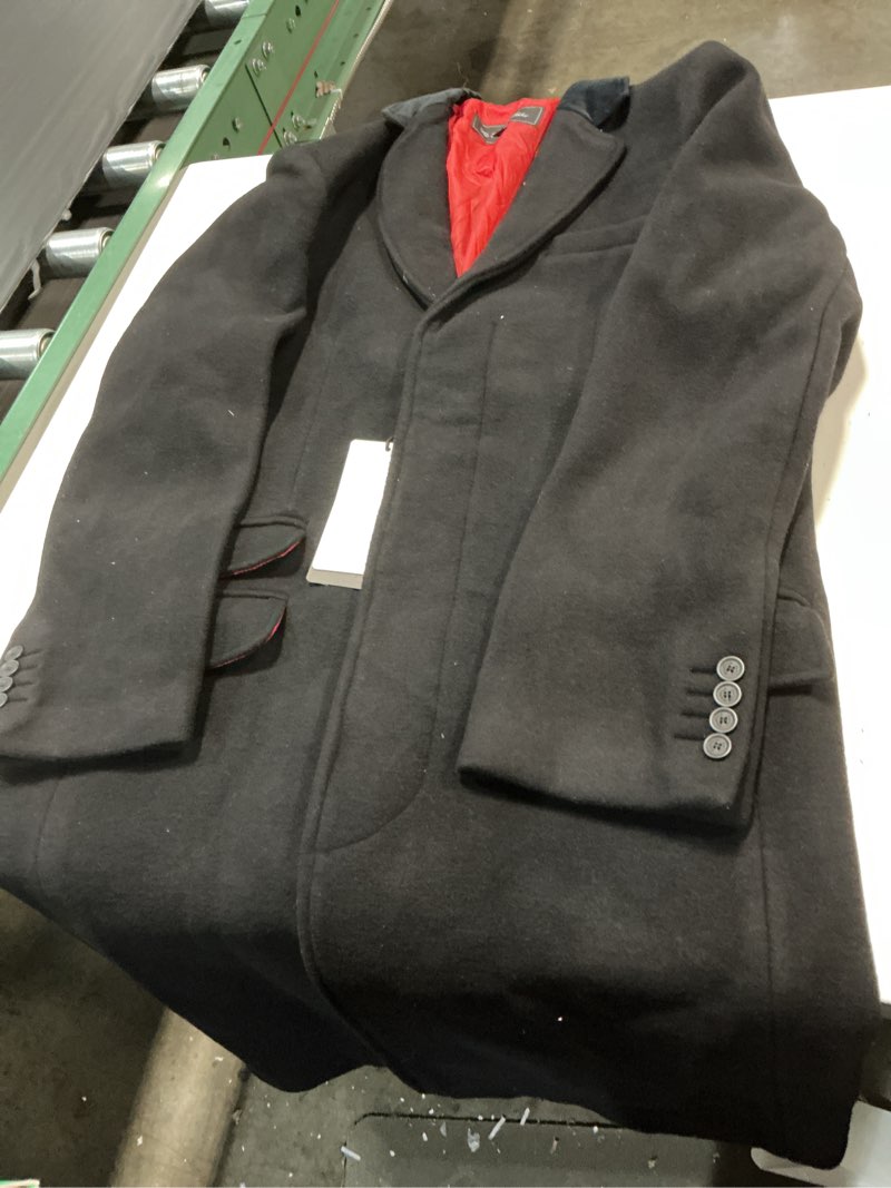 Condition photo showing Good Condition for mens black wool double breasted overcoat – cashmere long winter coat, peak lapel topcoat 42 black - red lining