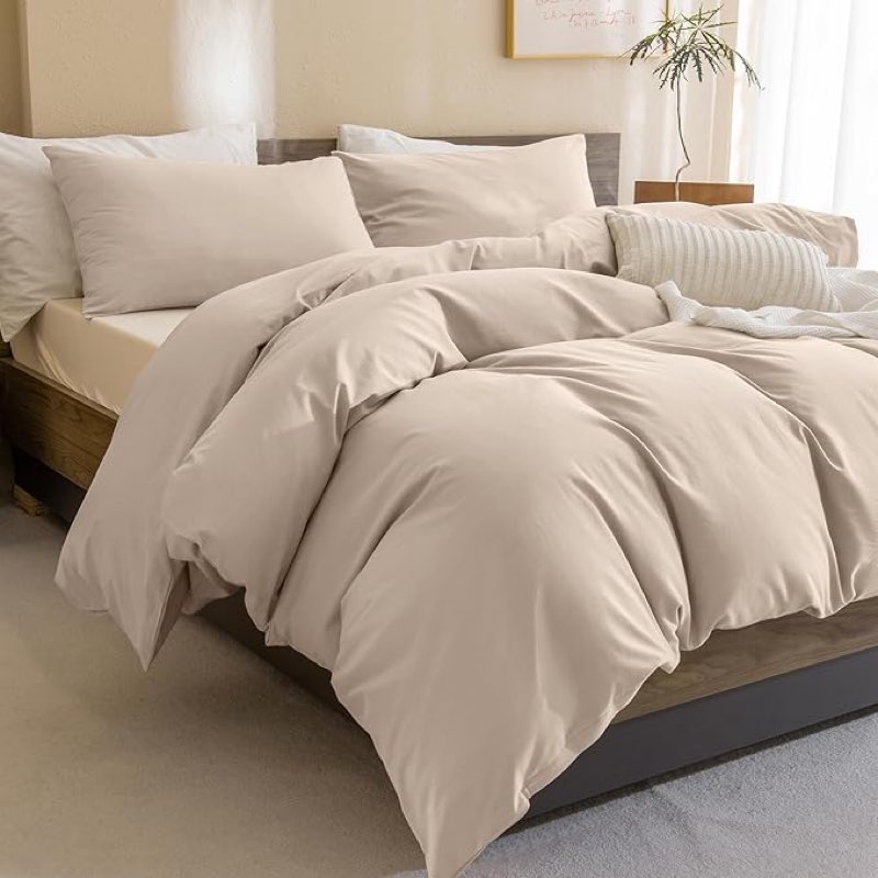 sanracie queen size comforter sets, pre-washed cotton beige khaki colored bedding comforter sets 3pcs extra soft breathable bed comforter set for all season