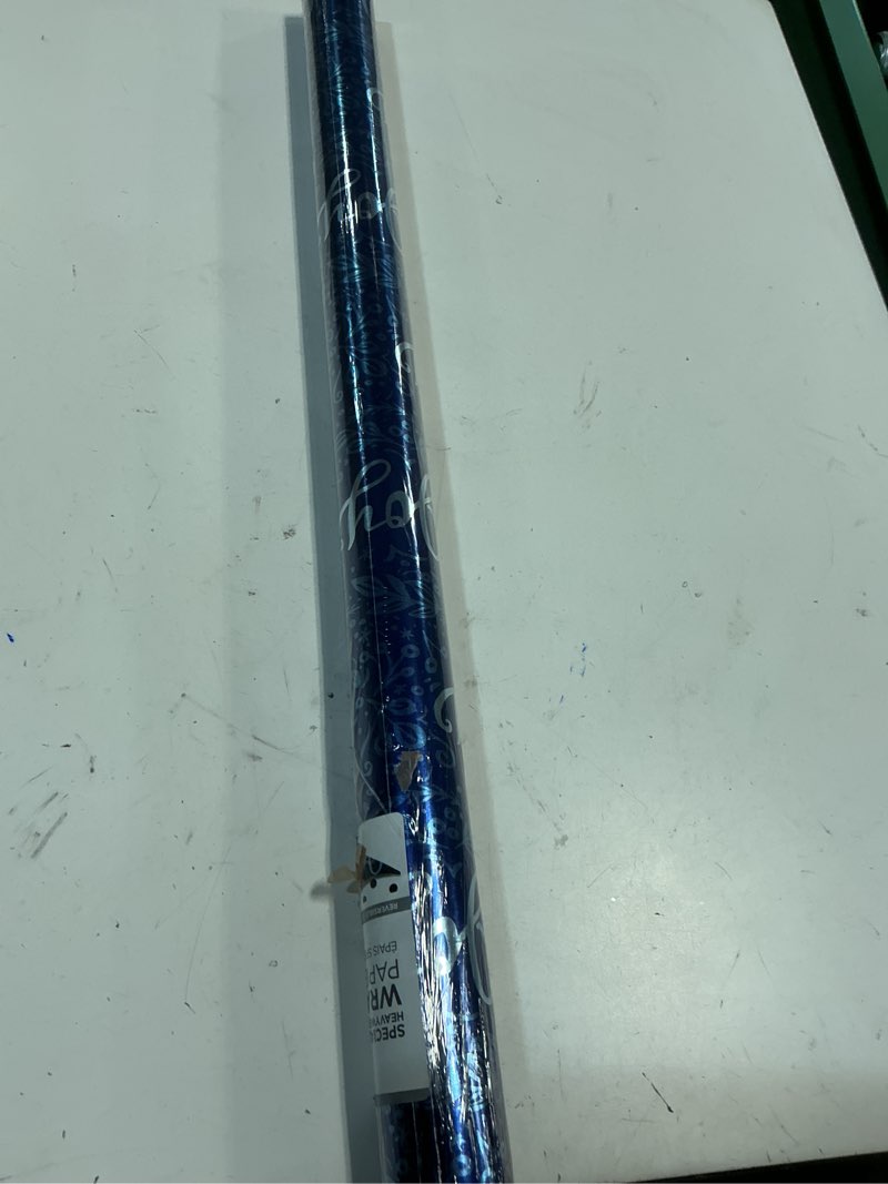 Condition photo showing New/Like New for American Greetings Foil Christmas Wrapping Paper Roll, Metallic Blue and White Holiday Gift Wrap (30 sq. ft., 1 Reversible Roll-30 in. x 12 ft.) Polka Dots and Joy Shiny Blue and White