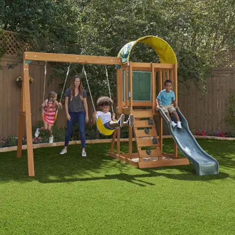 Kidkraft Ainsley Wooden Outdoor Swing Set with Slide and Rock Wall
