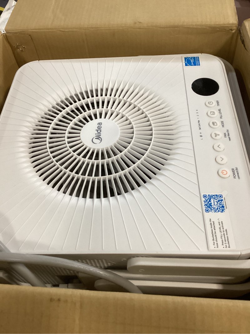 Condition photo showing As Is for Midea Cube 20 Pint Dehumidifier for Basement, Up to 1,500 Sq. Ft. dehumidifier with drain hose, ENERGY STAR Certificated, Smart Control, Compatible with Alexa, White