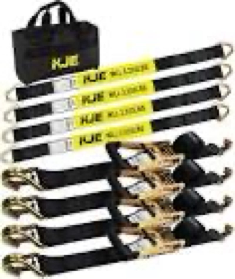 kje heavy duty car trailer tie down straps 4 pack kit - 2" x 8' ratchet straps + j-hooks with clip, 2" x 36'' axle straps - 10,000lbs break strength - use for car, truck, utv transport