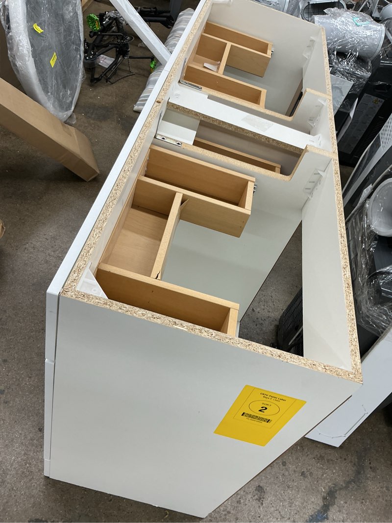 Condition photo showing As Is for white double sink vanity (no top)