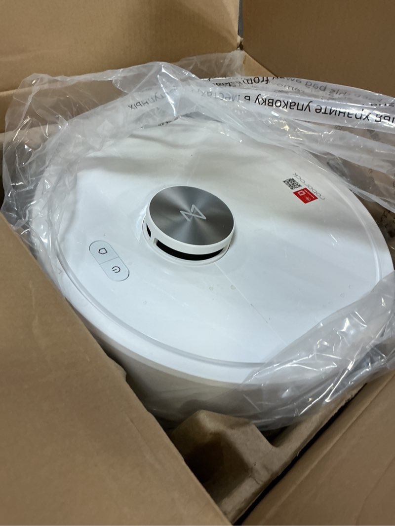 Condition photo showing As Is for roborock q7 m5+ robot vacuum and mop, upgraded from q5 max+, up to 7-9 weeks self-empty, 10000pa suction, dual anti-tangle system for pet hair & carpet, precisense lidar navigation, app control, white