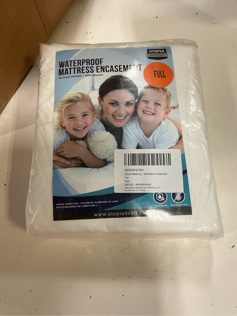 Condition photo showing New/Like New for utopia bedding full size mattress protector zippered, 100% waterproof bed bug and dust mite proof mattress encasement, absorbent 6 sided mattress cover full 1
