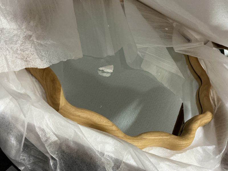 Condition photo showing Good Condition for wooden scalloped bathroom round circle mirror for wall, 24" boho wavy with tempered glass, natural frame vanity mirror hanging/leaning for bedroom, living room, entryway, farmhouse 23.6"l x 23.6"w