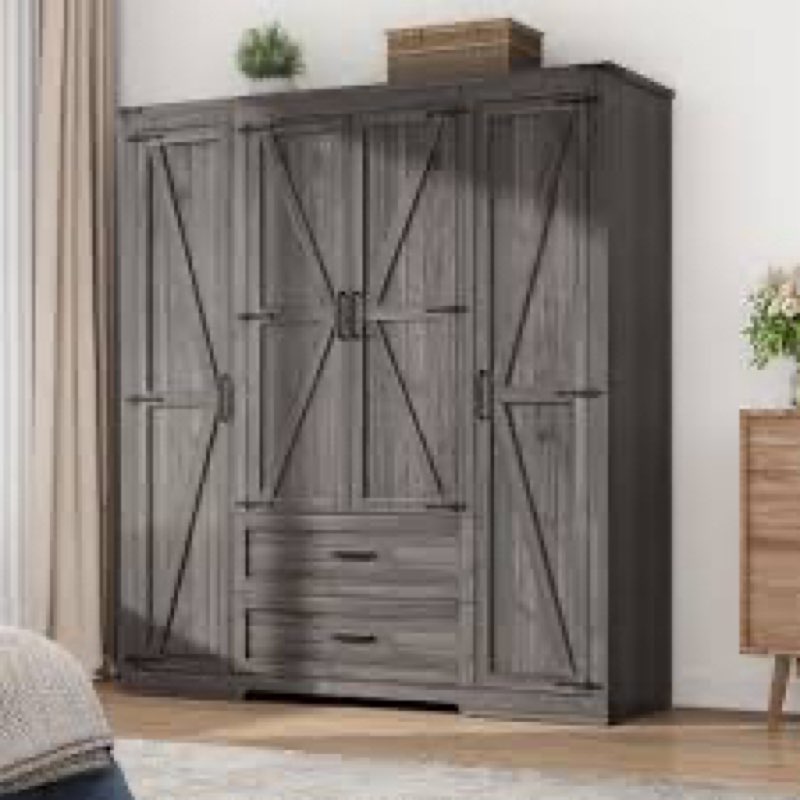 70.10" farmhouse 4 door armoire wardrobe with 2 drawers, hanging rod and 2 adjustable shelves for bedroom
