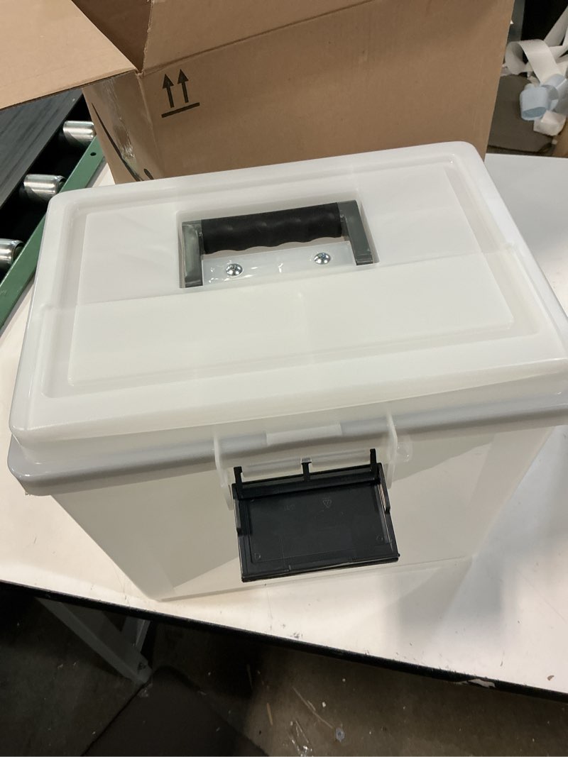 Condition photo showing Good Condition for iris usa file box weatherpro portable file organizer plastic file box for letter file w/ organizer-lid, durable lid and seal w/ secure latching buckles, stackable and nestable, pearl 19 qt. 1 pack