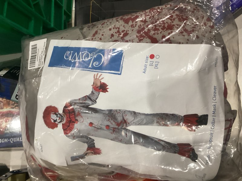Condition photo showing New/Like New for Halloween Killer Clown Costume for Adults, Blood Stained Horror Clown Jumpsuit with Red Hair Mask and Plastic Knife Large