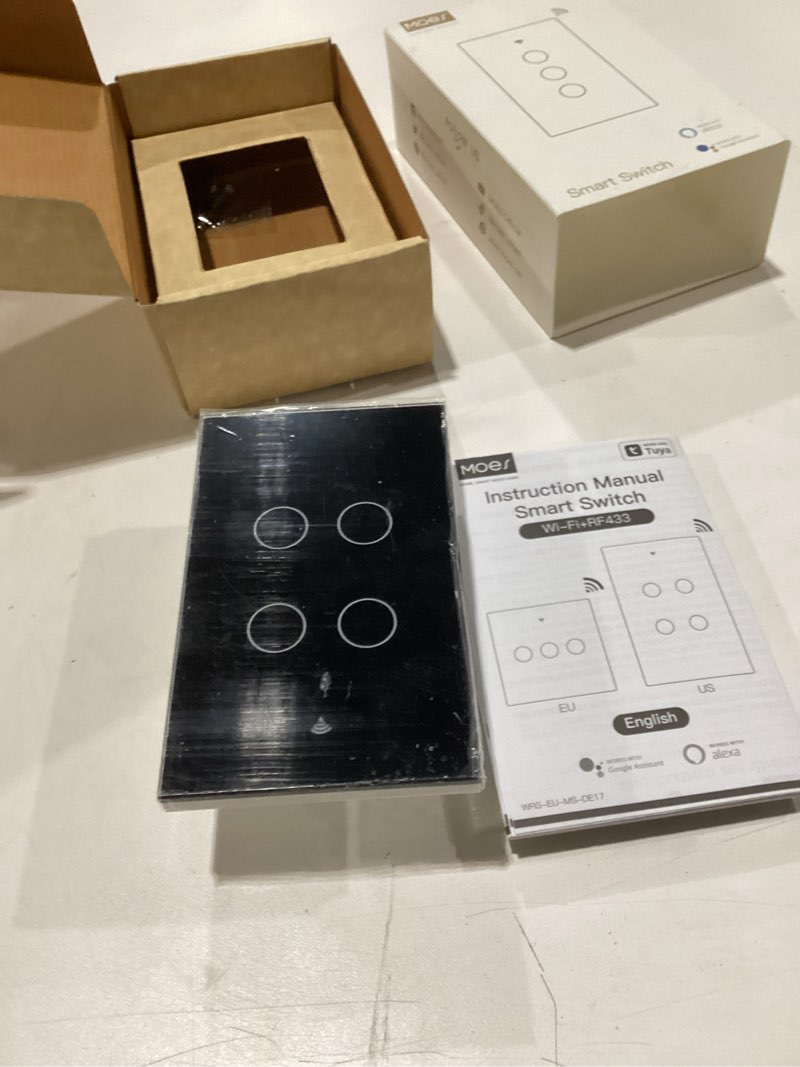 Condition photo showing Good Condition for moes 2.4ghz wifi wall touch smart switch neutral wire required, 3 way multi-control, glass panel light switch work with smart life/tuya app, rf433 remote control, alexa and google home black 4 gang 4 gang black (neutral wire required)