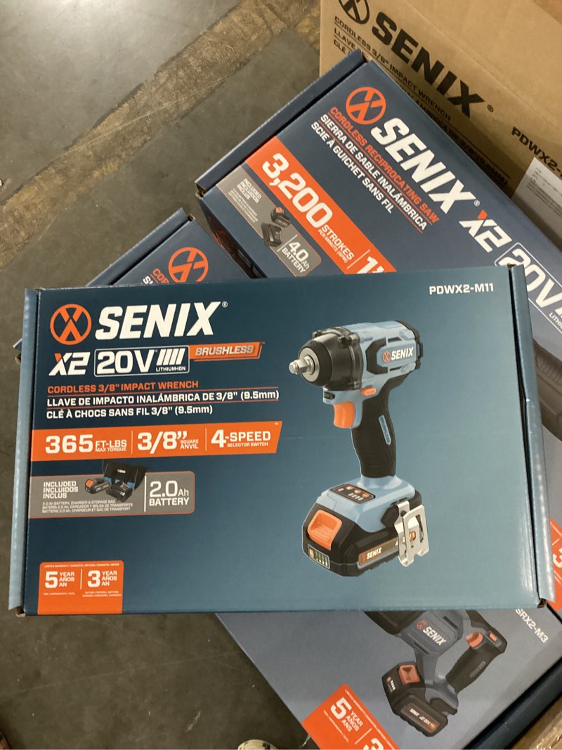 Condition photo showing New/Like New for senix 20 volt max* brushless 3/8" impact wrench (245 ft lbs) w/ 2.0ah battery & charger, pdwx2-m11