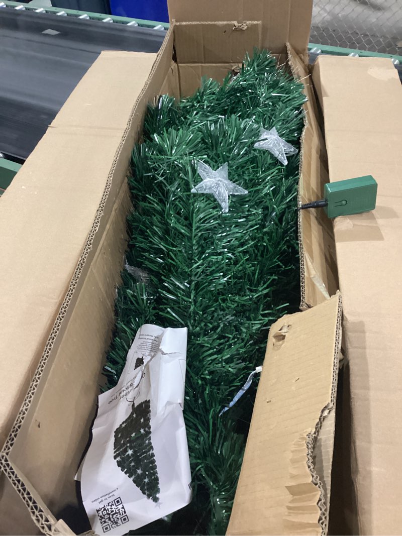 Condition photo showing Good Condition for Juegoal 6ft Pre-Lit Artificial Christmas Tree, Lighted Optical Fiber Xmas Trees with Warm White Large Stars & Color Changing Optical Fiber Lights, Party Home Holiday Green Fake Tree with Metal Legs