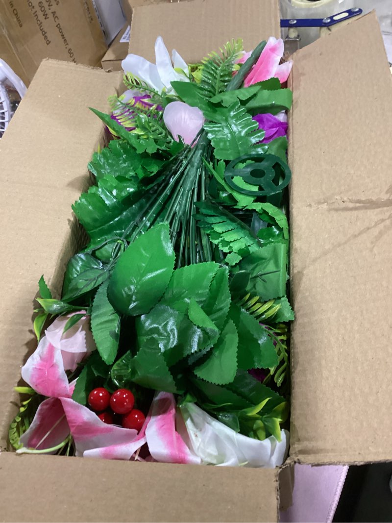 Condition photo showing New/Like New for dolicer 2 sets artificial cemetery flowers for grave, realistic grave flowers memorial flower uv resistant silk rose lily flower with vase for cemetery decorations (colorful) purple, pink flowers in vase