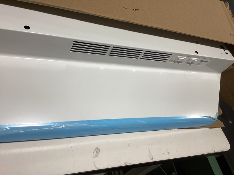 Condition photo showing As Is for broan-nutone 413001 non-ducted ductless range hood with lights exhaust fan for under cabinet, 30-inch, white white 30-inch