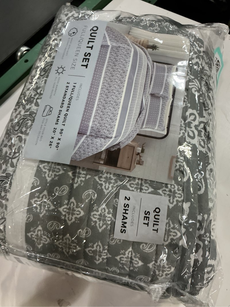 Condition photo showing New/Like New for great bay home striped quilt set - 3-piece full/queen size paisley bedding set - lightweight, all-season, reversible bedspread (grey) full / queen grey