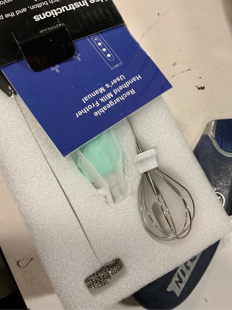 Condition photo showing New/Like New for yuswko baby blue handheld milk frother wand for coffee, rechargeable electric whisk with 3 heads 3 speeds drink mixer coffee frother for latte, cappuccino, hot chocolate, egg baby blue without stand