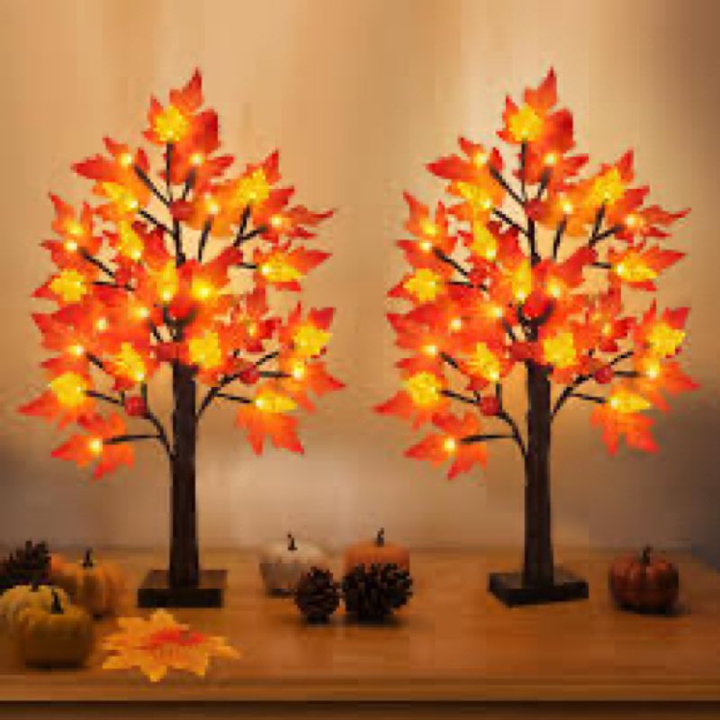 2 Pack 24 Inch Fall Maple Tree with 48LED Battery Operated Lighted Tabletop Artificial Tree with Pum
