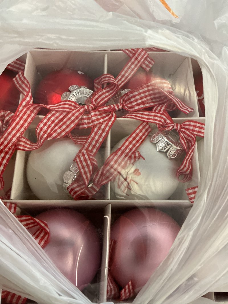 Condition photo showing New/Like New for 24Pcs Valentines Day Ball Ornaments, 2.36Inch Red Pink White Hanging Balls for Tree, Letter Hanging Baubles Valentine's Day Party Supplies for Wedding Home Anniversary Decor