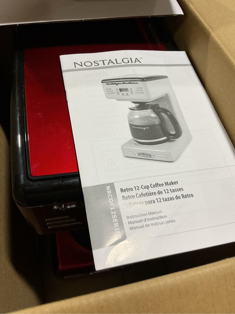 Condition photo showing As Is for nostalgia retro 12-cup programmable coffee maker with led display, automatic shut-off & keep warm, pause-and-serve function, red