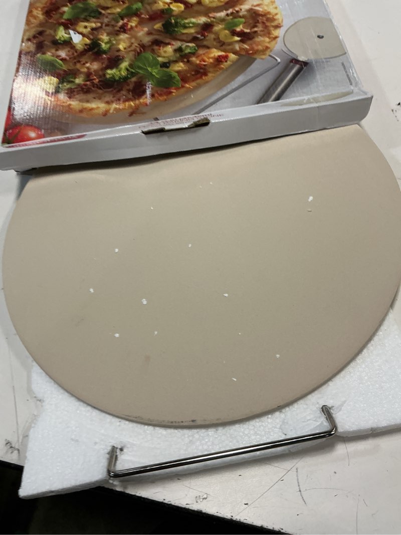 Condition photo showing Good Condition for GoodCook Oven to Table Ceramic Stoneware Pizza Stone with Metal Rack, 14.75", White