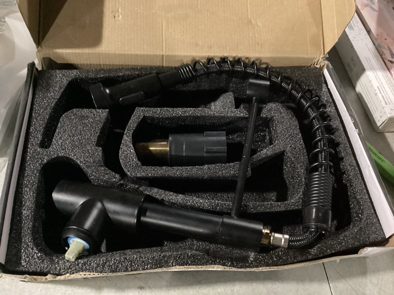 Condition photo showing As Is for Herogo Kitchen Sink Faucet with Pull Down Sprayer, Small Single Handle Low-Arc Matte Black Stainless Steel Kitchen Faucet, 1-3 Hole with Pop Up Drain, Deck Plate and Supply for RV Outdoor Farmhouse