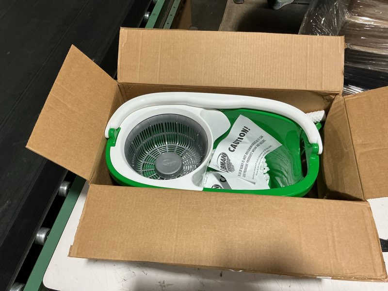 Condition photo showing Good Condition for libman tornado spin mop system and 1 refill, mop and bucket with wringer set for hardwood floor cleaning, 2 total heads included spin mop plus 1 refill