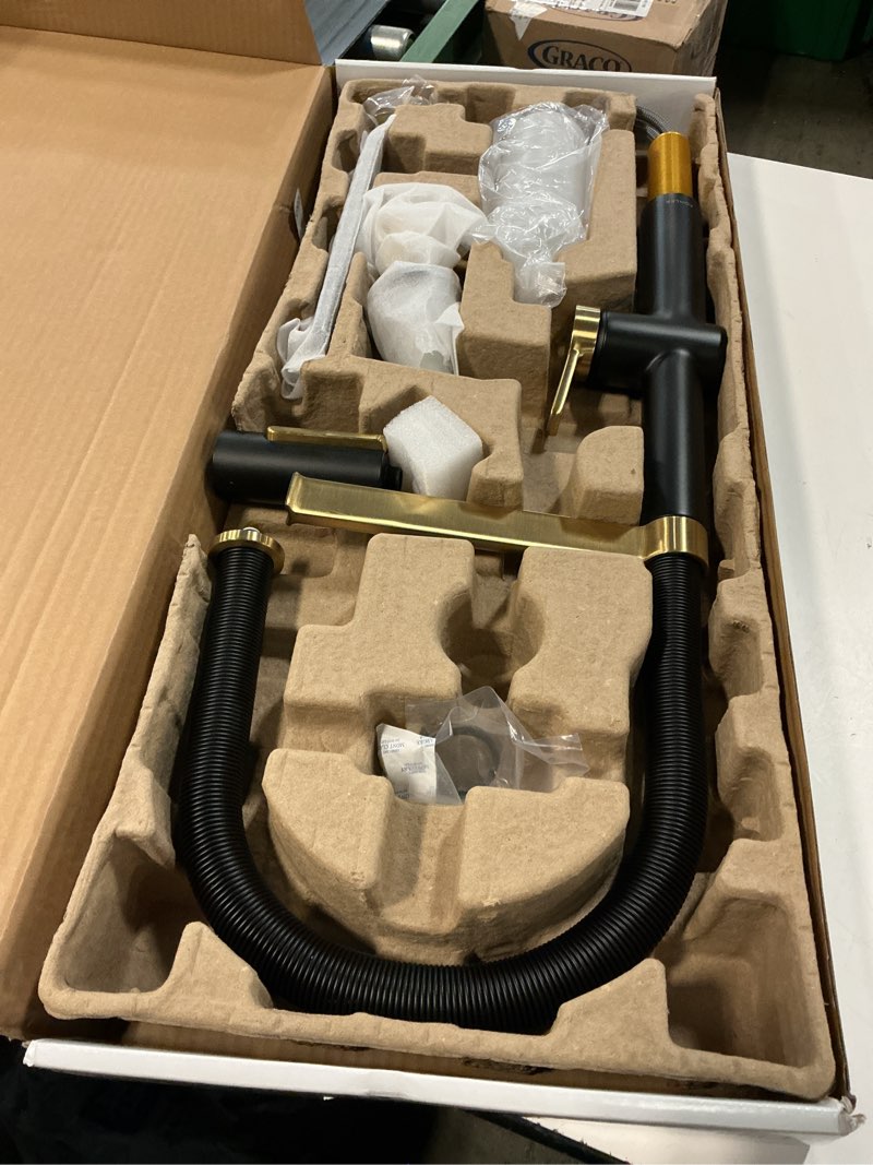 Condition photo showing Good Condition for kohler koi matte black with moderne brass single handle pull-down kitchen faucet with sprayer (deck plate and soap dispenser included)