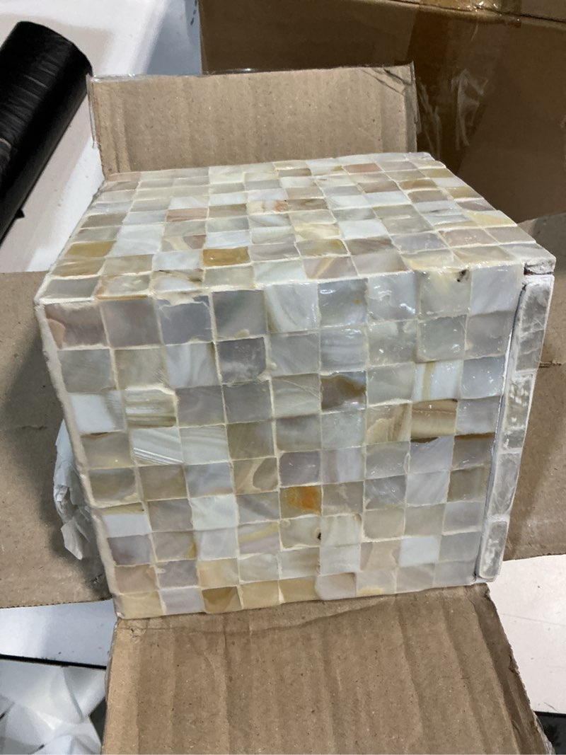 Condition photo showing Good Condition for 5.9” mother of pearl tissue box cover for kleenex and more – handcrafted square tissue holder with sliding bottom – decorative napkin dispenser for bathroom, bedroom, kitchen, office