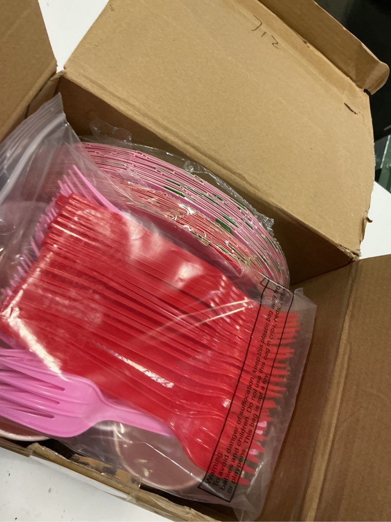 Condition photo showing Good Condition for 200 Pieces Strawberry Party Tableware Set Strawberry Plates Napkins Forks Cups Party Supplies Sweet Red Pink Baby Shower Birthday Decoration for Guests