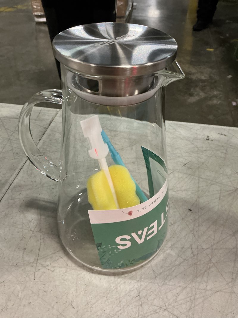 Condition photo showing New/Like New for susteas 2.0 liter 68oz glass pitcher with lid, easy clean heat resistant glass water carafe with handle for hot/cold beverages - water, cold brew, iced tea & juice, with 1 long-handled brush included 68 ounces clear