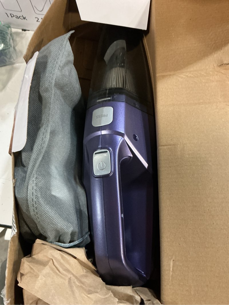 Condition photo showing As Is for bossdan handheld vacuum cordless – car vac portable with 8kpa & multi accessories & low noise, lightweight hand held vacuum cordless rechargeable for car/home/dust/pet hair, mine portable vacuum iris purple