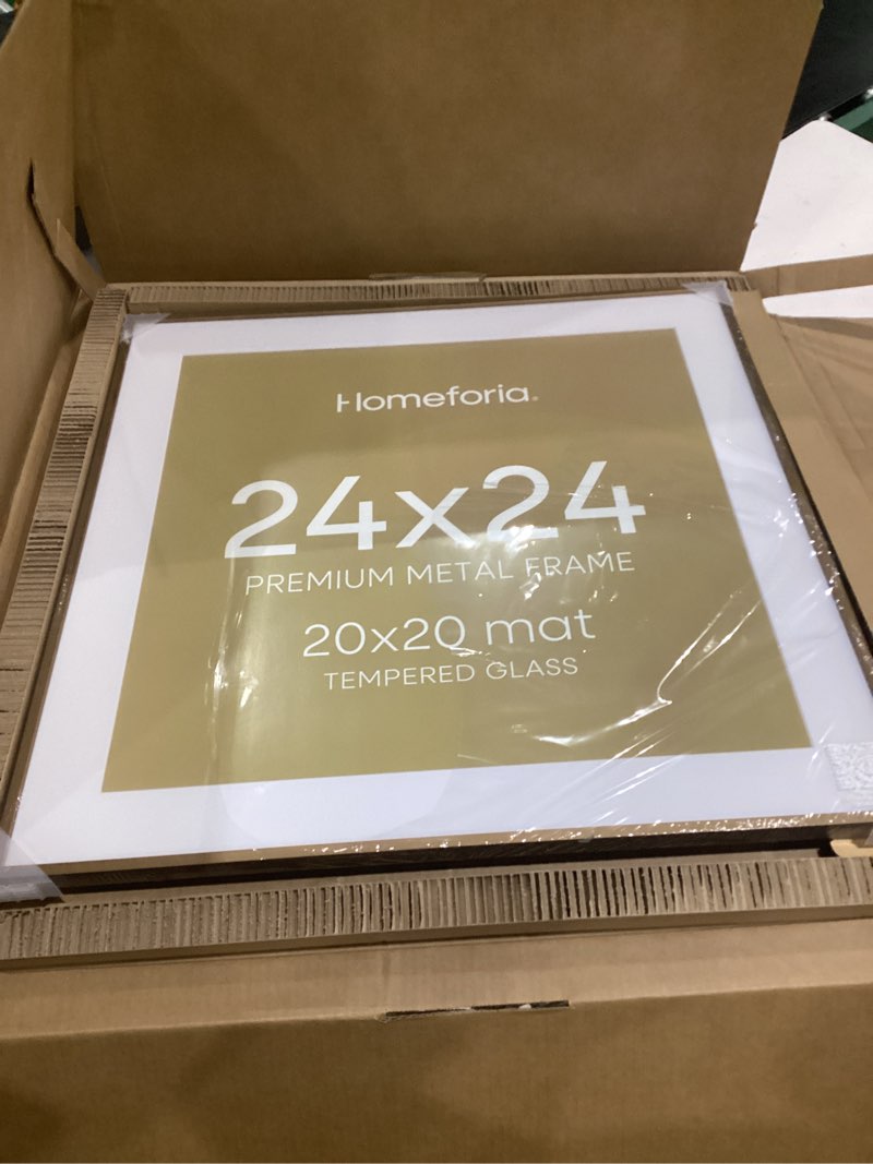 Condition photo showing New/Like New for homeforia 24x24 picture frame bronze, high end metal 24 x 24 large square poster frames with mat 20 by 20 inch photo, 24by24 thin brass frames matted to 20x20 print, tempered glass, wall kit, set of 1 24x24 bronze