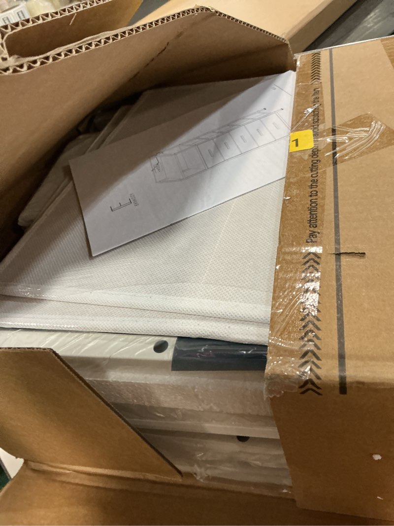 Condition photo showing Good Condition for Nightstand 5 Drawer Dresser with LED Lights and Charging Station, Vertical Side Table with Fabric Drawers, End Table with Open Shelf, Tall Dresser for Bedroom, Hallway, Entryway, White 5 Drawers White - Led