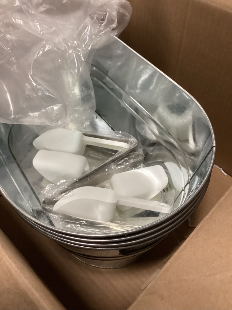 Condition photo showing Good Condition for 12 Pcs Galvanized Tub Ice Buckets 3 Gallon Metal Champagne Drink Bucket with Handles Large Beverage Tubs Wine Beer Storage Cooler Ice Buckets for Parties Mimosa Bar Supplies with Ice Scoop and Tongs