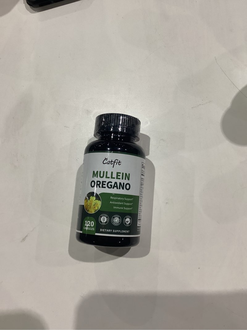 Condition photo showing New/Like New for Mullein Oregano Oil Capsules for Lungs Detox-7 in 1Pure Herbal Mullein Leaf Extract, Elderberry, Turmeric,Mentha for Respiratory & Immune Support, Lung Cleanse for Smokers,Vegan,Non-GMO (120 Caps) 120 Count (Pack of 1)