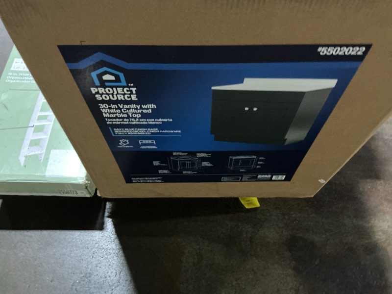 Condition photo showing New/Like New for 100+ bought last week Project Source Dover 30-in Navy Blue Single Sink Bathroom Vanity with White Cultured Marble Top