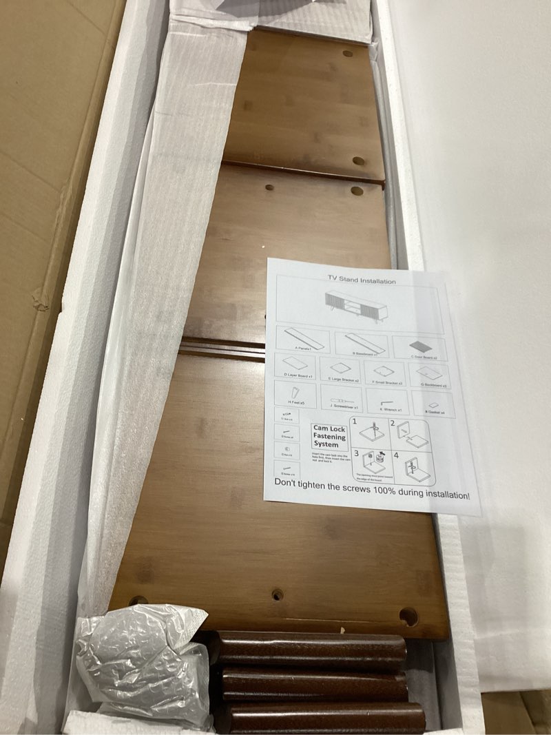 Condition photo showing New/Like New for TV Stand for 55/65/70 Inch TV,Bamboo Entertainment Center with Natural Rattan Door, Large Long Boho Media TV Console with Open Shelves Living Room Bedroom