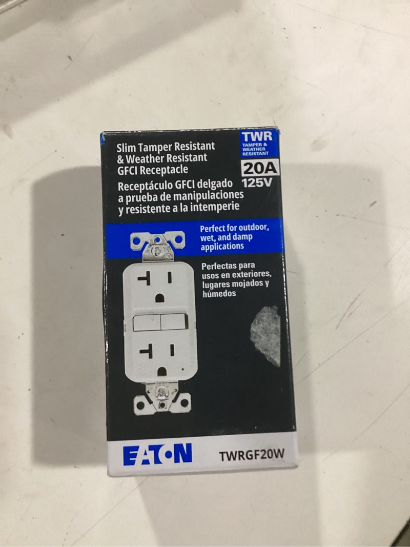 Condition photo showing Good Condition for eaton 20 -amp 125-volt tamper resistant weather resistant gfci residential decorator outlet receptacles , white item #5195469 | model #twrgf20w-bx-lw