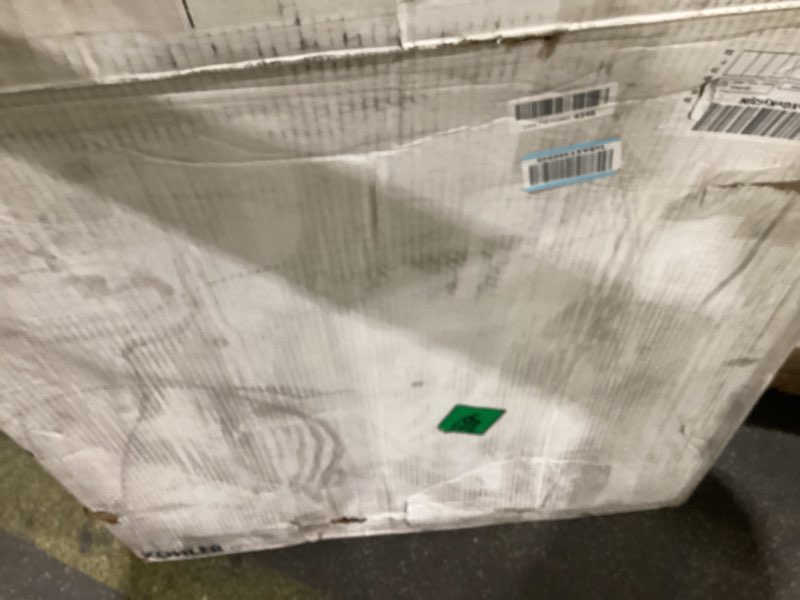 Condition photo showing As Is for kohler 8644-96 rely single-threshold shower base with center drain, 36" x 34", biscuit