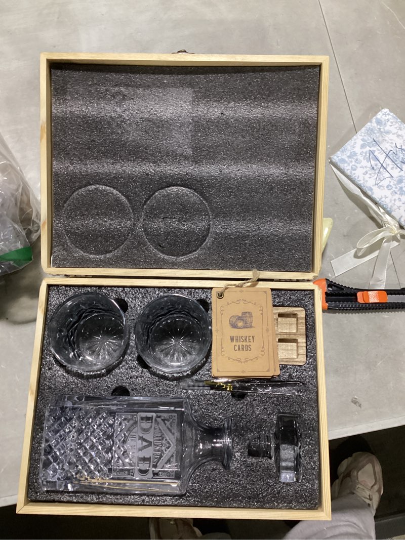Condition photo showing As Is for ponpur gifts for men dad, whiskey decanter set with 2 glasses with wooden box, unique dad birthday gift from daughter son, best dad father husband presents for anniversary christmas a - dad w/ wooden box