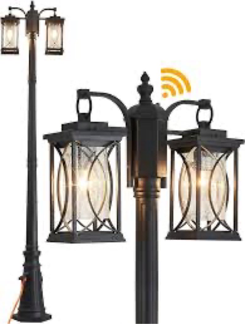 Dusk to Dawn Outdoor Lamp Post Light Modern 2-Head Street Pole Light Fixtures with Outlet, Waterproof Black Outside Street Light Electric Lantern for Backyard, Garden Patio Driveway