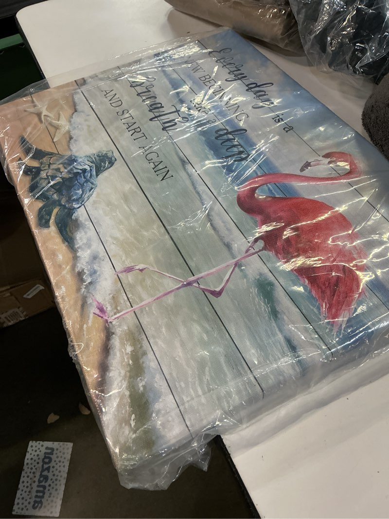 Condition photo showing Good Condition for lb tropical ocean wall art pink flamingo sea turtle coastal beach framed canvas wall art for living room inspirational farmhouse wood prints pictures for bathroom bedroom dorm wall decor,24x16 inches blue 16"l x 24"w