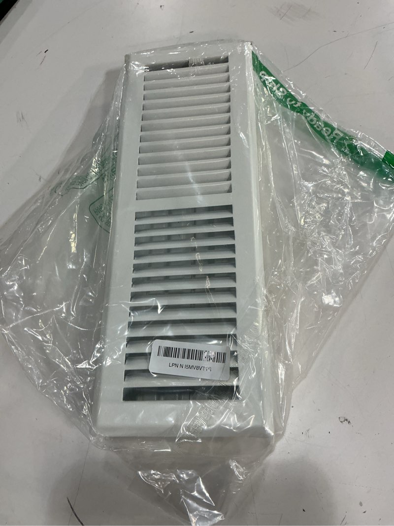 Condition photo showing Good Condition for 4" x 14" white floor register 2 way – stamped face steel vent cover, hvac floor grille for ac heat, fits 4x14 duct opening, heavy duty metal register 4x14 inch glacier white