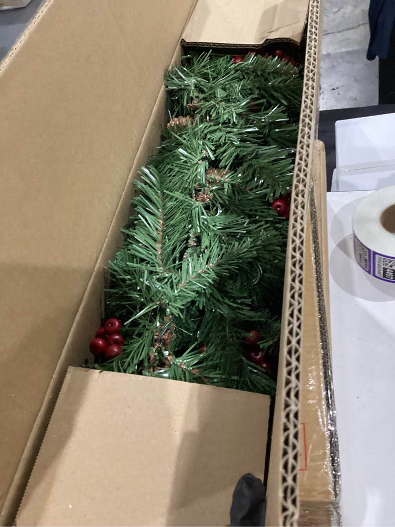 Condition photo showing Good Condition for national tree company 9 ft pre-lit crestwood spruce artificial christmas garland, christmas decoration with glitter, pinecones, red berries, 50 clear lights, 180 tips, green plug in tree