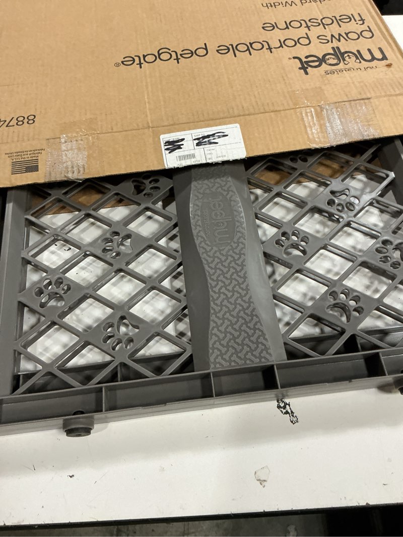 Condition photo showing New/Like New for mypet north states paws portable pet gate: 26-40" wide. pressure mount. no tools needed. made in usa, 23" tall, expandable, durable dog gates for doorways, fieldstone gray