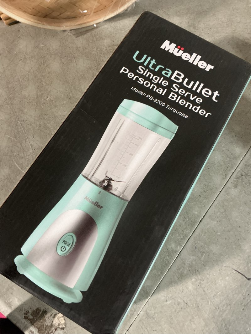 Condition photo showing New/Like New for mueller personal blender for shakes and smoothies with 15 oz travel cup and lid, juices, baby food, heavy-duty portable blender & food processor, turquoise